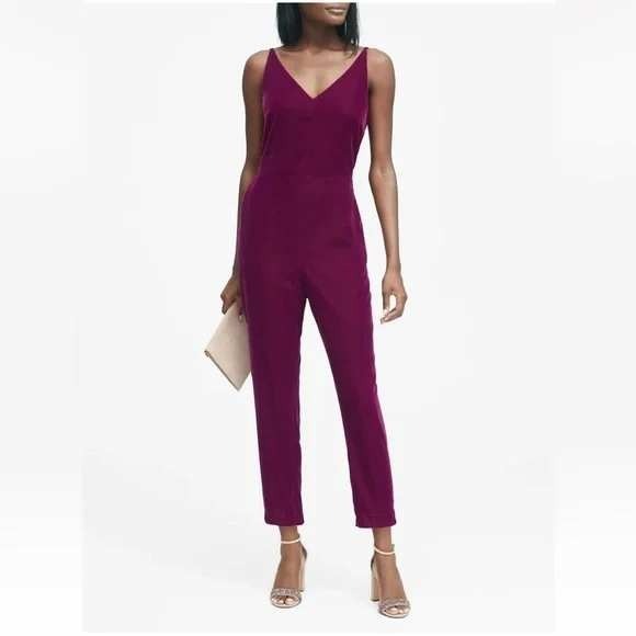 Banana Republic Womens 12 Velvet Cropped Strappy Jumpsuit in Caret Red NWT - Picture 1 of 16